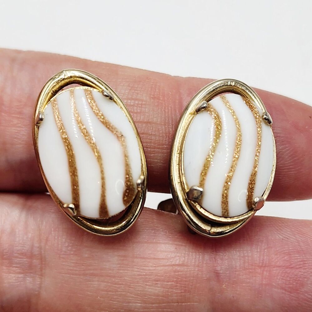 Vintage Copper Aventurine Stripes And White Glass Clip On Stud Earrings